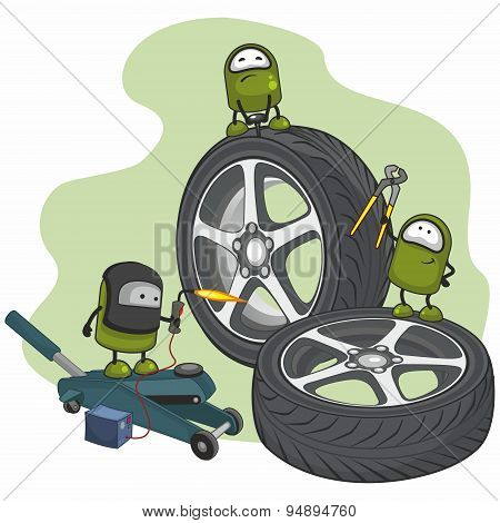Small green characters repairing car wheels