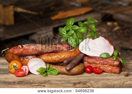 Assortment of cold meats, variety of processed cold meat products