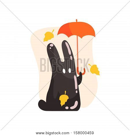 Black Tar Jelly Rabbit Shape Monster Holding Orange Umbrella Under Falling Yellow Leaves Outdoors In Autumn Season. Part Of Autumn Fantastic Animal Creatures Set Of Funny Cartoon Vector Illustrations