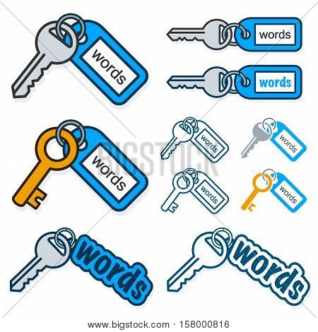 Set of keys with the text - Words - on their tags conceptual of keywording and SEO with different shaped key and tag combinations isolated on white vector illustration