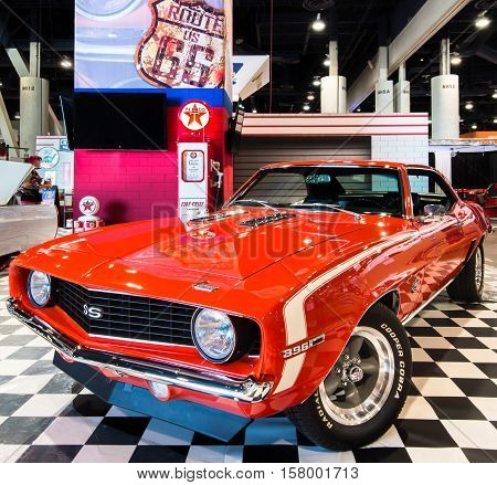 LAS VEGAS NV/USA - OCTOBER 31 2016: Customized Chevrolet Camaro SS car with Route 66 and Texaco theme at the Specialty Equipment Market Association (SEMA) 50th Anniversary auto trade show.