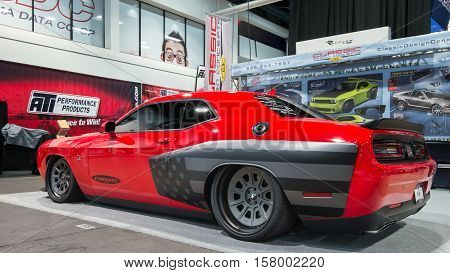 LAS VEGAS NV/USA - OCTOBER 31 2016: Customized Dodge Challenger Hellcat car at the Specialty Equipment Market Association (SEMA) 50th Anniversary auto trade show. Booth: ATI Performance