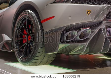 LAS VEGAS NV/USA - NOVEMBER 2 2016: Close up of a Lamborghini dual exhaust system at the Specialty Equipment Market Association (SEMA) 50th Anniversary auto trade show.