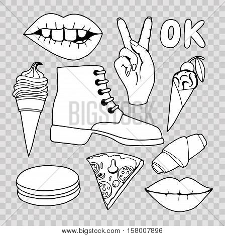 A set of Monochrome quirky cartoon patch badges or fashion pin badges
