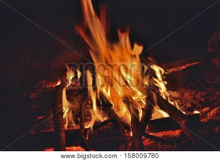 A close up of the aflame wood in bonfire.