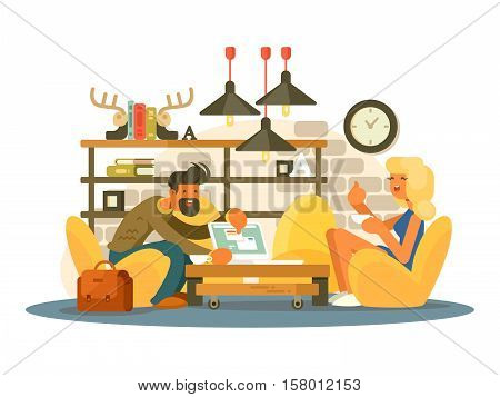 Coworking office work. Man and woman working in a comfortable chair. Vector illustration