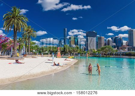 BRISBANE, AUS - NOV 18 2015: Streets Beach in South Bank Parkland. It's inner-city man-made beach next to city center.