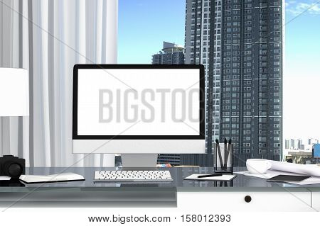 3D Rendering : Illustration Close Up Of Creative Designer Office Desktop With Blank Computer,keyboar