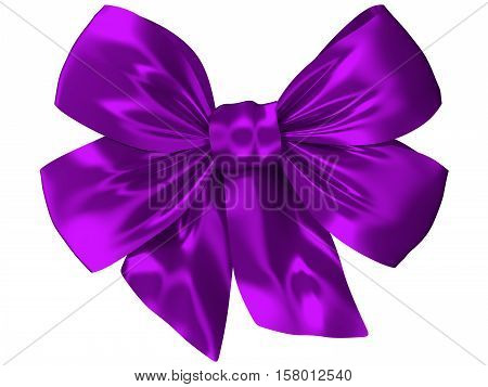 Image of a purple bow of satin silk. The object was created in 3D and is visible on a white background.