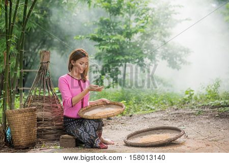 Beautiful Thai Asian Women Winnow Rice Separate Between Rice And Rice Chaff Identity . In Traditiona