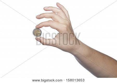 Close-up Of Two Euro Held In The Fingers, Copy Space