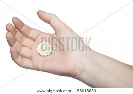 Two Euros On A Hand, White Background