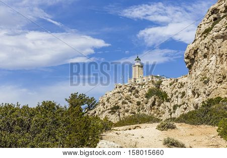 distant view on lighthouse in Melagavi near Loutraki, Loutraki