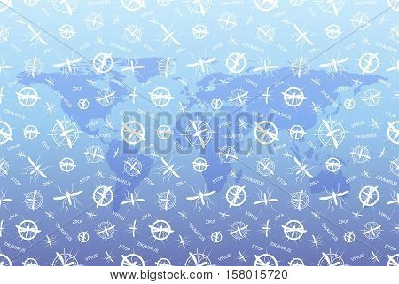 Zika virus pattern wallpapers with World Map. Zika virus mosquito bite illustration. Scientific vector for your design
