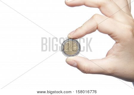 Two Euros Hold In The Fingers, White Background, Copy Space