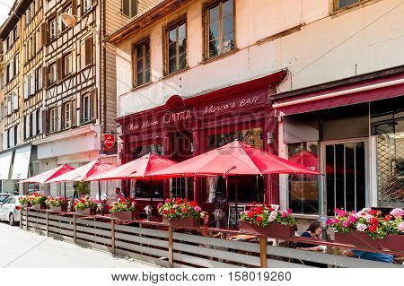 STRASBOURG FRANCE - JUL 4 2016: Chez Marco's Bar Cintra in central Strasbourg waiting for customers on a bright sunny day for best cocktails and alcohol or sweet beverages inside or on the best terrace