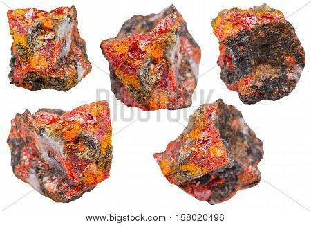 Set Of Various Realgar Crystals On Rocks Isolated