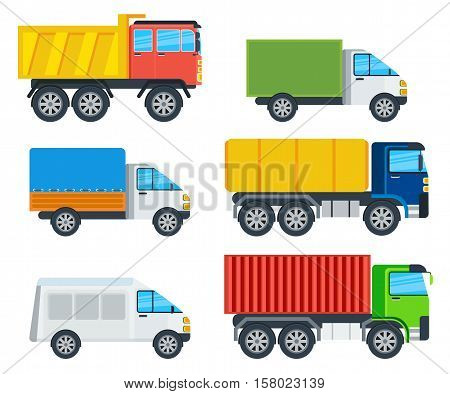 Trucks cartoon models. Lorry, freezer, tipper, road tanker, mining truck, container carrier, wagon vector illustrations isolated on white. Vehicles for freight transportation. For transport company ad