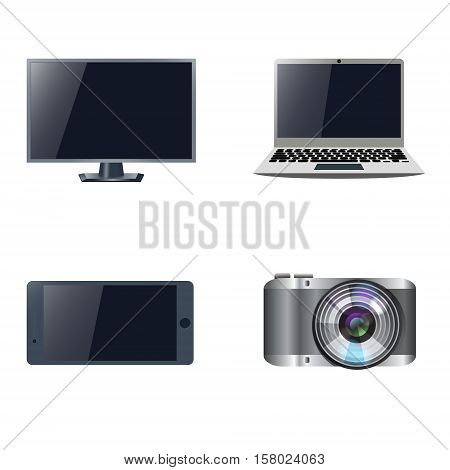Set of devices. TV, laptop, smartphone, digital camera realistic drawings Stock vector