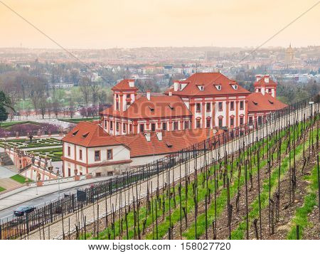 View of Troja Chateau from vineyard hill on spring time. Prague, Czech Republic.