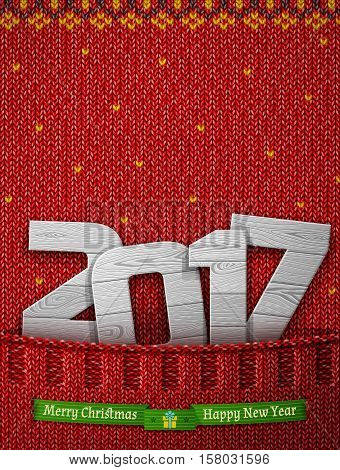 New Year 2017 of wood in knitted pocket. Jumper fragment with wooden year number and christmas wishes. Vector illustration for new years day christmas winter holiday new years eve silvester etc