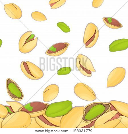 Vector illustration of falling pistachios nuts. Background of a pistachio nut. Pattern of a walnut fruit in the shell, whole, shelled, leaves appetizing looking for packaging design of healthy food