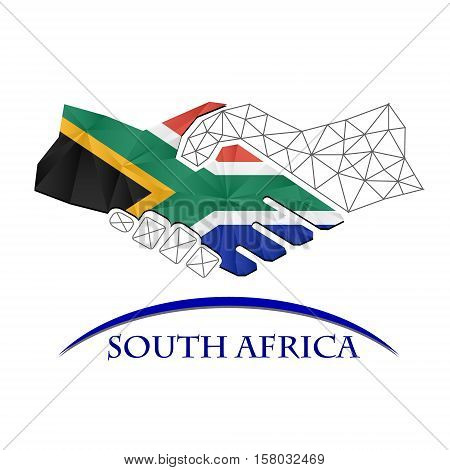 Handshake logo made from the flag of South Africa.