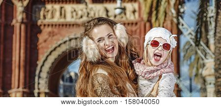 Mother And Daughter Near Arc De Triomf In Barcelona, Spain
