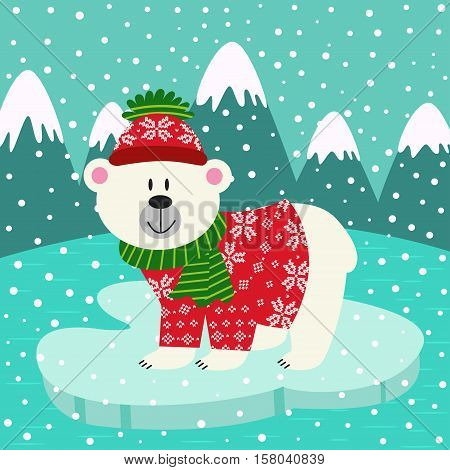 polar bear in  knitted sweater and cap on ice floe- vector illustration, eps