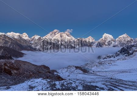 Sunset Over Everest Mountain, Panoramic View From Renjo La Pass. Breathtaking View Of Mountain Valle