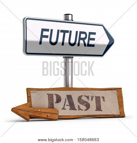 3D illustration of two road signs the first one is modern with the text future and the second one is an old wooden sign with the word past. Business concept of vision and evolution.