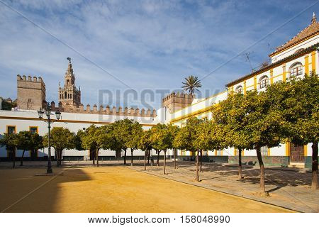 Seville cathedral Giralda tower from Alcazar of Sevilla Andalusia Spain. The Alcázar of Seville is a royal palace in Seville Spain originally developed by Moorish Muslim kings.
