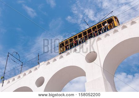Iconic Tram of Santa Teresa is Crossing the Arch of Lapa in Rio de Janeiro, Brazil