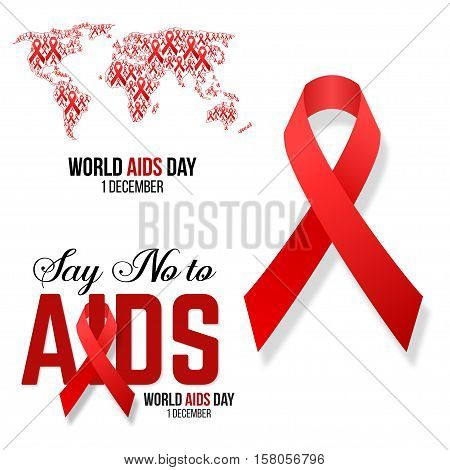 Vector illustration of hiv, aids awareness background isolated on white. World Aids Day concept. 1 December. Red ribbons on the map of world emblem.