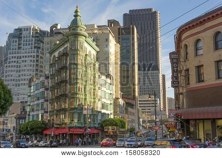 San Francisco Ca USA October 22 2016: The Coppola building and Kearny St. in San Francisco