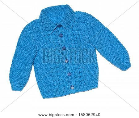 Knitted sweater for the child of handwork. Warm sweater with a pattern. Isolate on white.