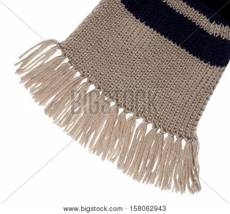 Woolen brown scarf isolated on white background. Knitted scarf.
