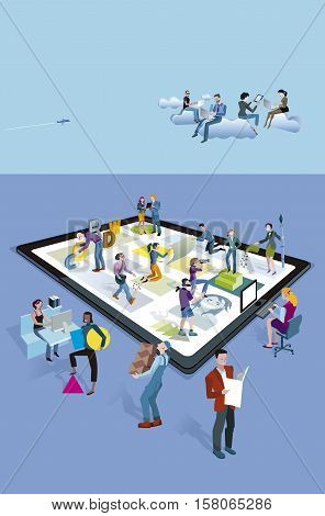 A team of people work creatively together creating content on a tablet. Other people download this content on their mobile devices.