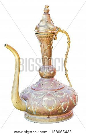Antique east jug isolated on white background. Retro arabian teapot.