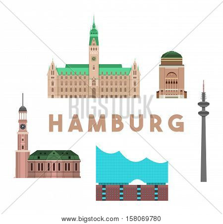 Colorful and detailed skyline of Hamburg with various landmarks of Hamburg, Germany isolated
