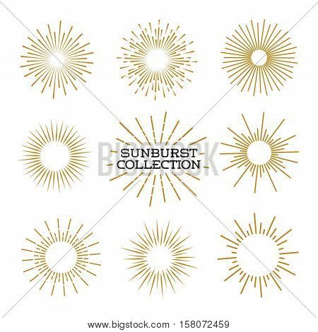 Set of sunburst design elements gold color isolated on background. Vintage style elements for graphic and website design. Vector light rays elements. Vector Illustration
