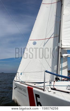 Kiev, Ukraine - September 30, 2016: Sailing yacht training day. Day before race on the Kiev reservoir or pond