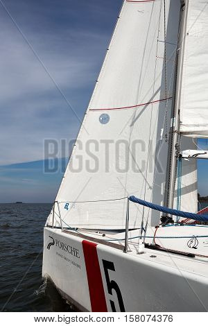 Kiev, Ukraine - September 30, 2016: Sailing yacht training day. Day before race on the Kiev reservoir or pond