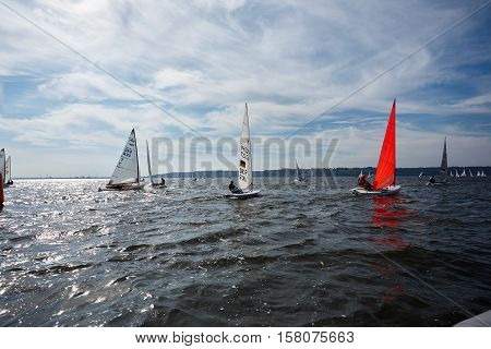Kiev, Ukraine - September 30, 2016: Sailing yacht training day. Day before race on the Kiev reservoir or pond