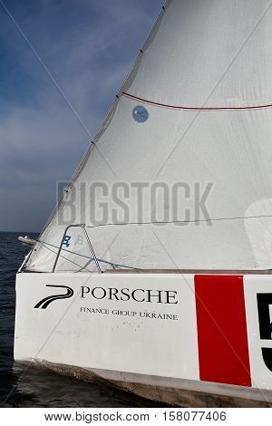 Kiev, Ukraine - September 30, 2016: Sailing yacht training day. Day before race on the Kiev reservoir or pond