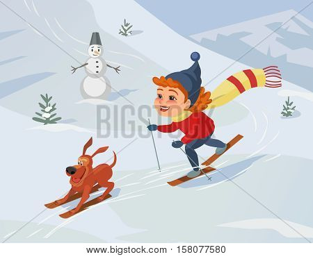 Winter outdoors concept. Cartoon fancy retro style poster. Skiing girl and dog on snowy hill. Cute happy child and pet on ski enjoy active lifestyle sport. Season holiday leisure banner background.