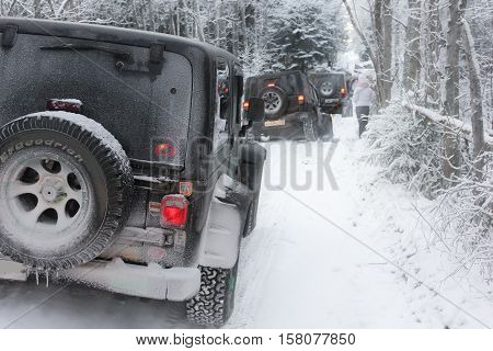 Leningrad Oblast, Russia, February 16, 2013. Off-road expedition Jeep Wrangler, the Jeep Wrangler is a compact four wheel drive off road and sport utility vehicle
