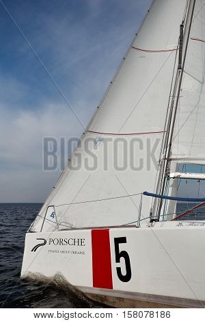 Kiev, Ukraine - September 30, 2016: Sailing yacht training day. Day before race on the Kiev reservoir or pond