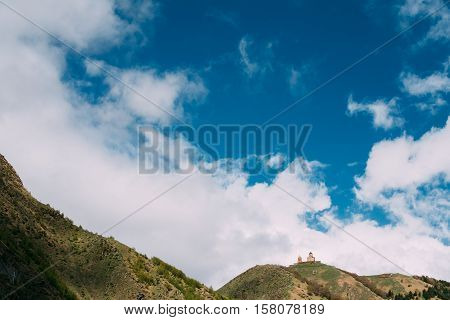 Gergeti Trinity Church Or Tsminda Sameba - Holy Trinity Church Near Village Of Gergeti In Georgia.Church Is Situated At An Elevation Of 2170 Meters, Under Mount Kazbegi.Church Is Built In 14th Century