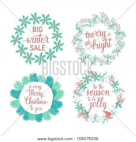 Merry and Bright Happy Holidays Happy New Year Tis the season to be Jolly greeting cards set. Vector winter holidays wreaths with hand lettering calligraphic tree branches. Christmas backgrounds.